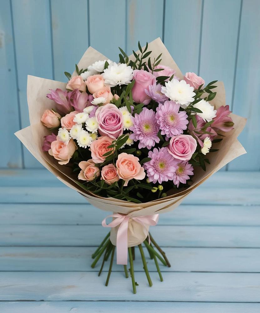 Букет цветов из: Хризантемы, Розы и Альстромерии в Варениковском