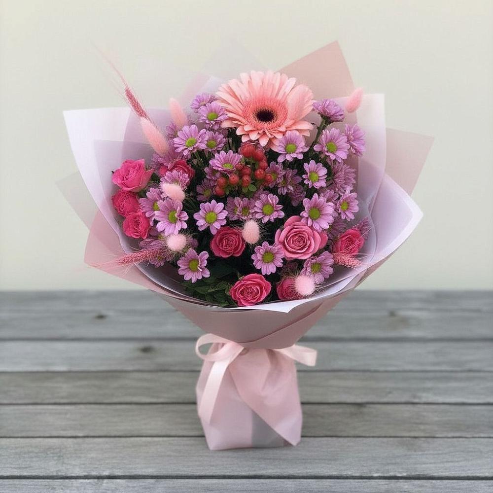 Букет цветов из: Розы, Герберы и Хризантемы в Варениковском