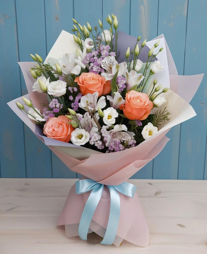 Букет цветов из: Лизиантусы, Розы, Альстромерии и Гипсофила в Варениковском